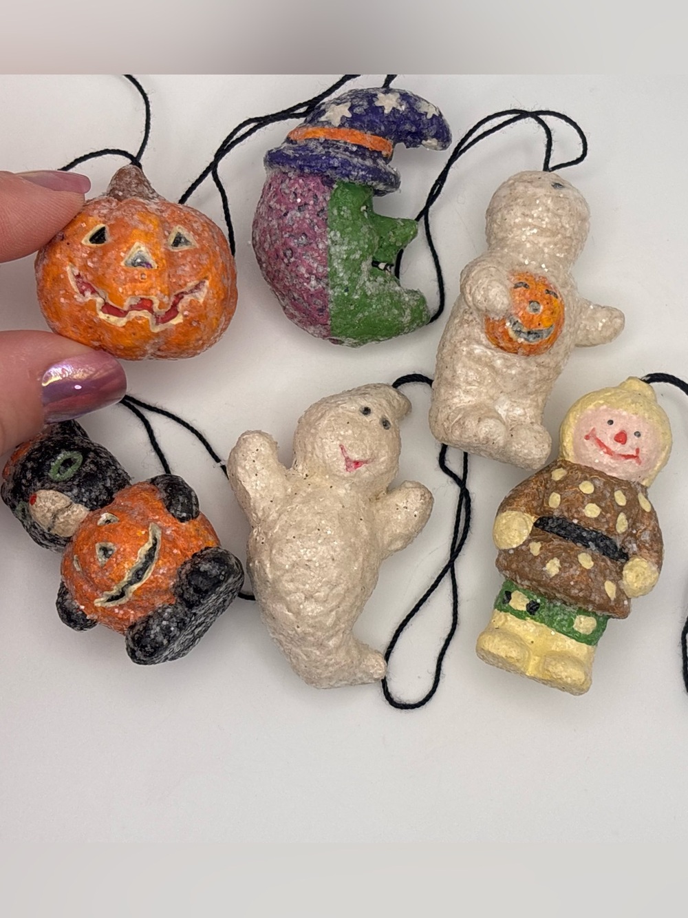 Set of 6 Vintage Miniature Ornaments, Resin with Glitter, Halloween Decor